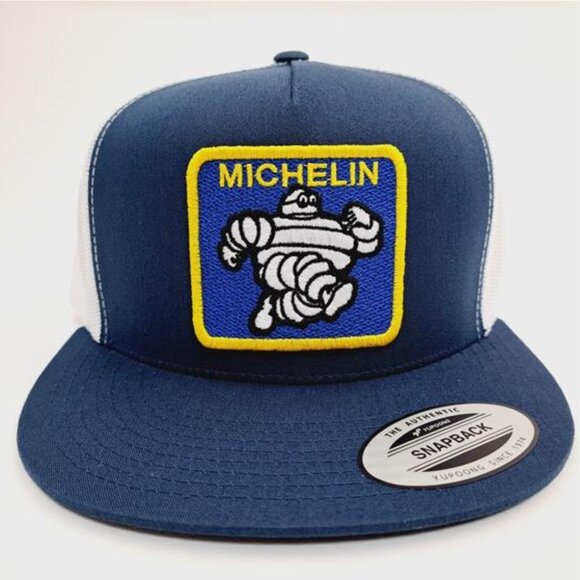 Other - Retro 70s Michelin Man Flat Bill Snapback Mesh Trucker Embroidered Patch Blu Whi